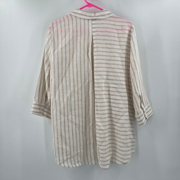 CHICO'S Shirt Size 12/14 No Iron Button Down 100% Linen Stripes White Neutral - Picture 4 of 13